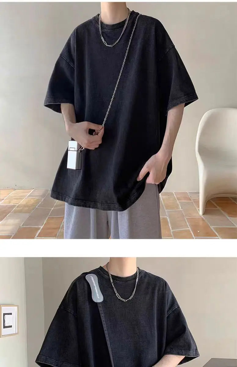 2025 summer European code wash heavy short sleeve T-shirt for young men pure cotton solid color loose retro round neck half slee