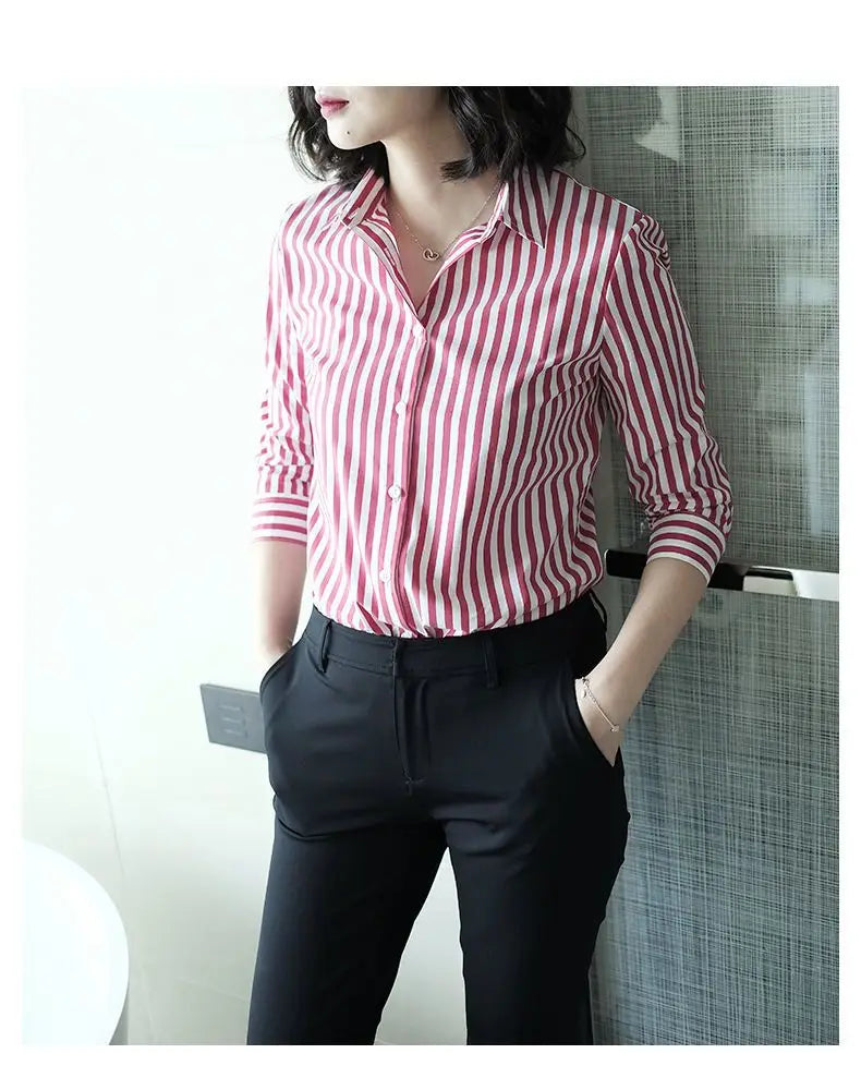 Women's Clothing Commute Striped Shirt 2025 New Spring Autumn Long Sleeve Fashion Single-breasted Casual Turn-down Collar Blouse