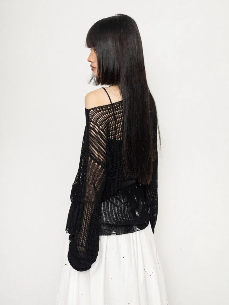 Y2K Hollow Out Knitted Pullovers Women Korean Harajuku Oversized Sweater Summer Sexy Slash Collar Long Sleeve Sunscreen Jumper