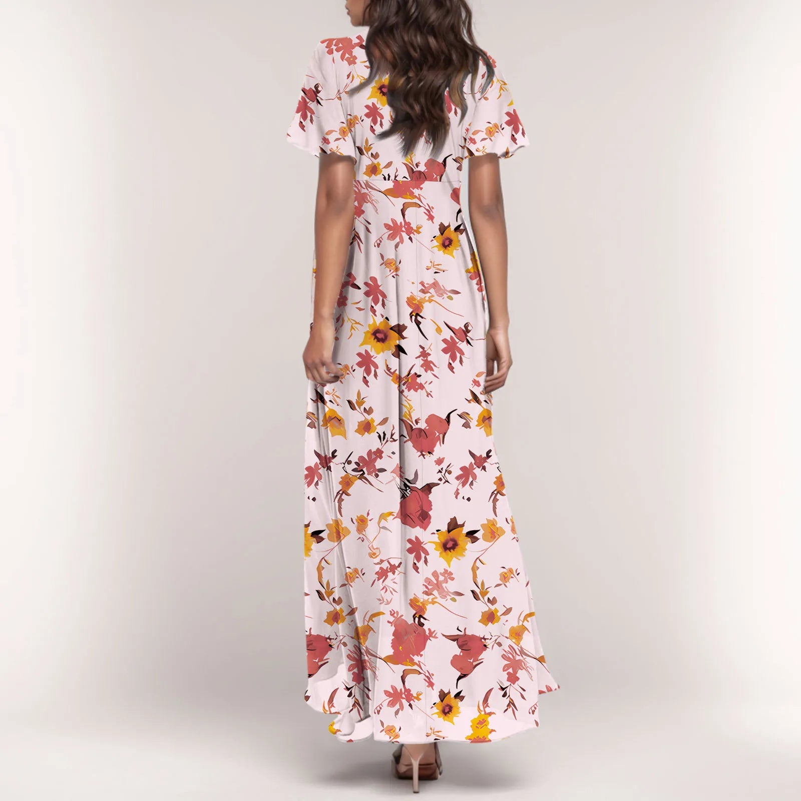 Women V-neck Ruffle Short Sleeve Maxi Dress Waist Tight High-waist Hem Sweet Floral Print Elegant Dress Female Clothing Vestidos