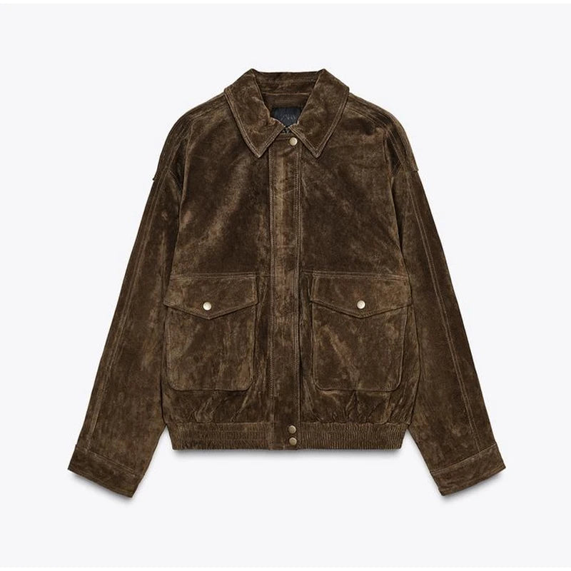 Vintage Suede Short Jacket Women Casual Turn Down Collar Zipper Coat Female 2025 Spring Fashion Versatile High Street Outwears