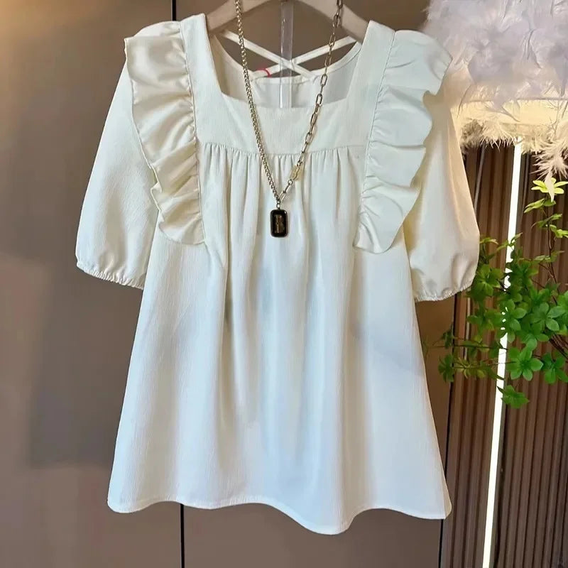 Summer Casual V-neck Back Cross Strap Fly Sleeve Elastic Shoulder Loose Fit Small Shirt Versatile Simple Top for Plump Sister