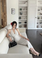 2024 Korean Style Open-back Halter Neck Dress Women's Summer Elegant Long Dress Waist-fitted A- line Skirt Sleeveless