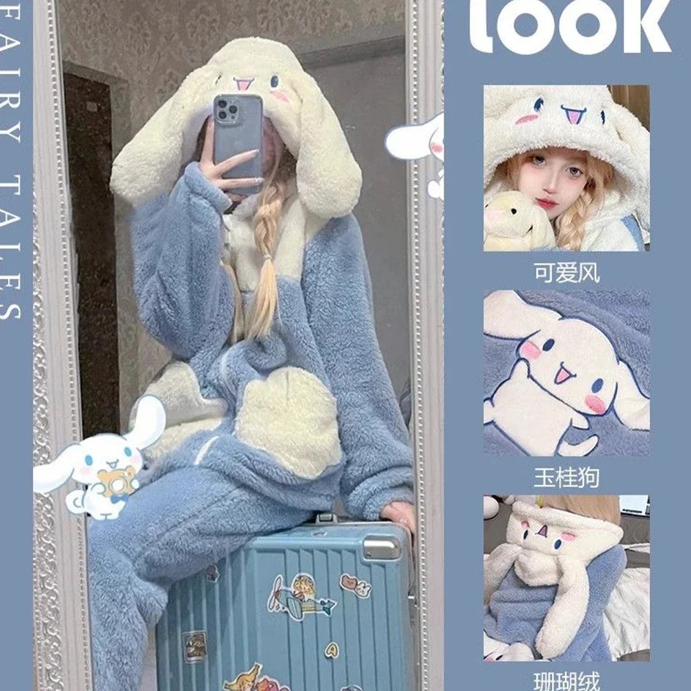 Cinnamoroll Women's Plush Pajamas Suit Sanrioed Kawaii Autumn Winter Hooded Home Clothes Cute Girl Thickened Cute Cartoon Sweet