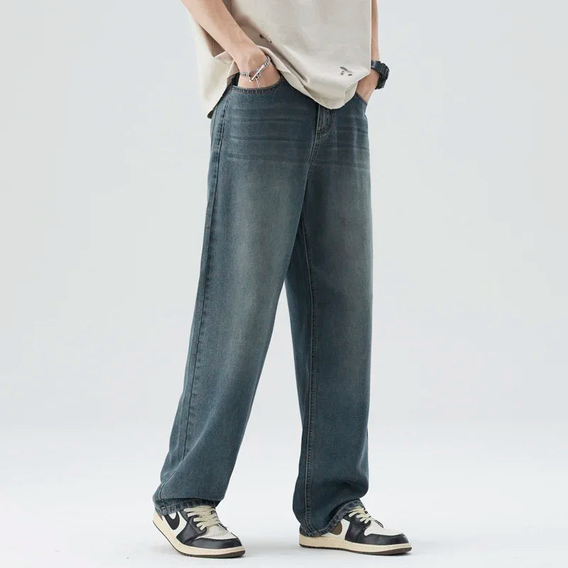 Spring Summer Thin Men's Loose Jeans Lyocell Draped Soft Fashion Loose Pants Streetswear Vintage Straight Y2K Denim Trousers