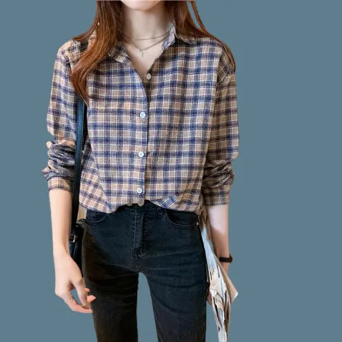 Vintage All-match Plaid Shirt for Female 2022 Spring Women's Clothing Korean Simple Turn-down Collarlong Sleeve Casual Blouses