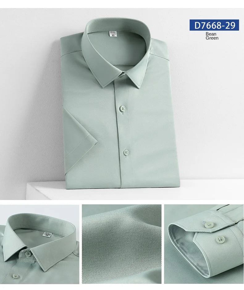 2023 Summer Short Sleeve High Density Silky Material Solid  Elastic Business Men Dress Shirts No Pocket Stretch Clothes