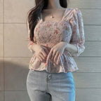 Chiffon Shirt for Women New Floral Flared Sleeves Wrapped in Chest and Waist to Make Them Look Slim Top for Women