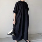 Japanese Style Dress2023 Summer New Women's Clothing Solid Color Stand Collar Dress Loose-Fit Elegant A- Line Long Dress