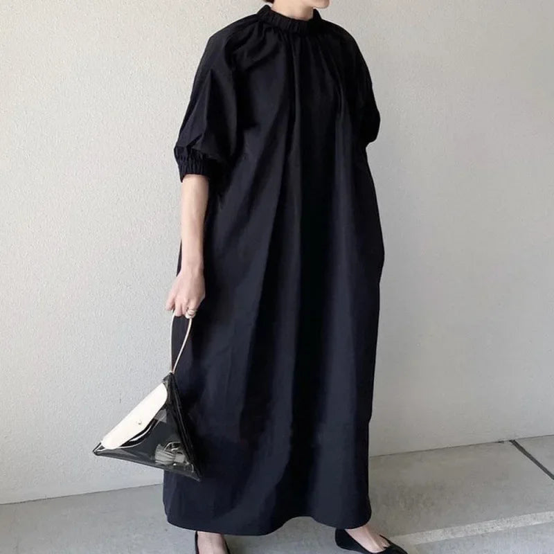 Japanese Style Dress2023 Summer New Women's Clothing Solid Color Stand Collar Dress Loose-Fit Elegant A- Line Long Dress