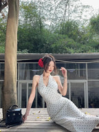 2024 Korean Style Open-back Halter Neck Dress Women's Summer Elegant Long Dress Waist-fitted A- line Skirt Sleeveless