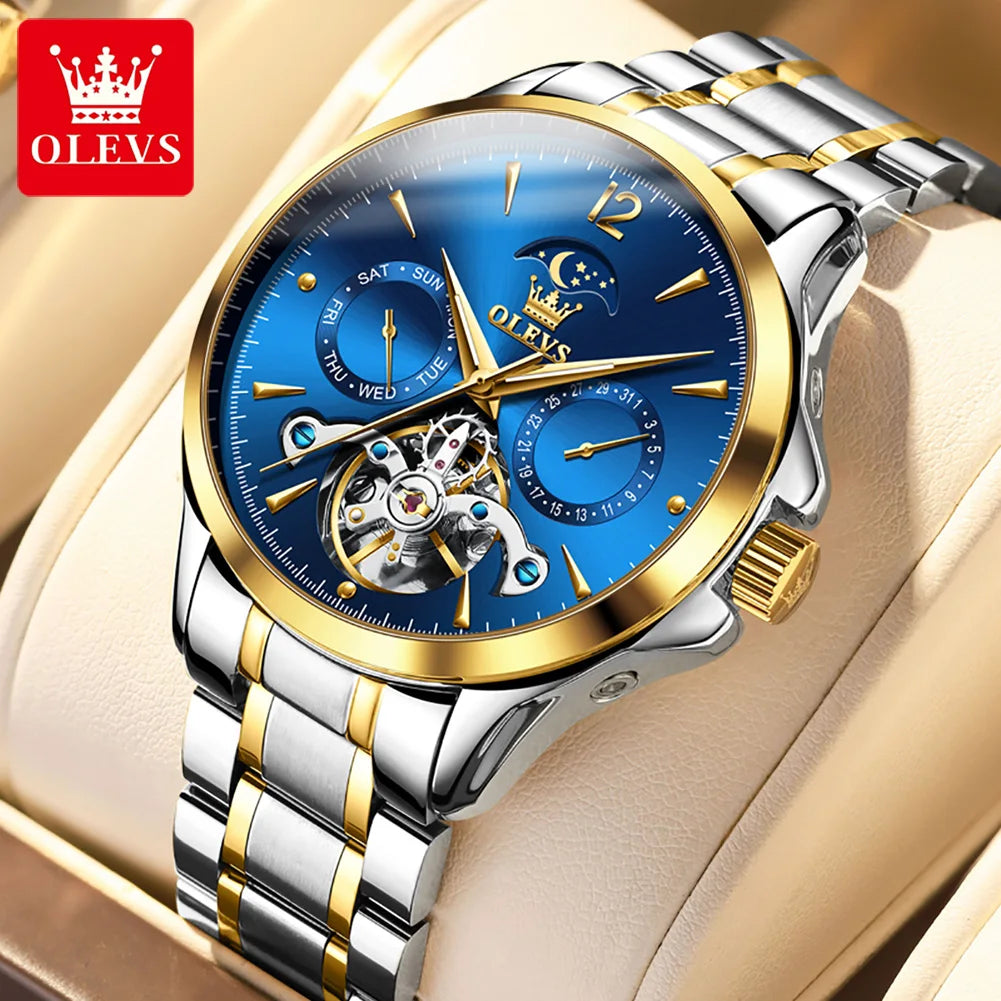 OLEVS 6663 Mens Watch Original Mechanical Watch Tourbillon Waterproof Luminous Leather Strap Moon Phase Day-Date Watch With Box