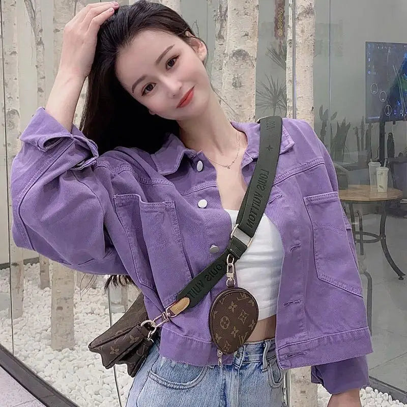 Internet Celebrity Purple Denim Jacket for Women Spring Autumn New Fashion Versatile Small Bf Loose Short Jacket Denim Jacket
