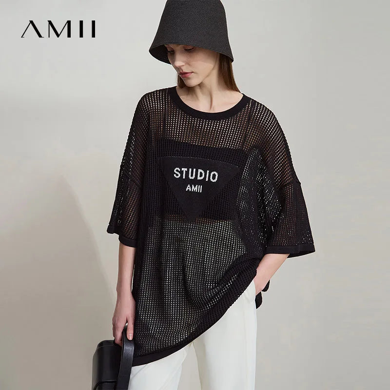 Amii Minimalist Women's Knitted Pullovers 2025 Summer Crew Neck Short-sleeved Casual Mid Long Loose Letter Jacquard Top 12542048