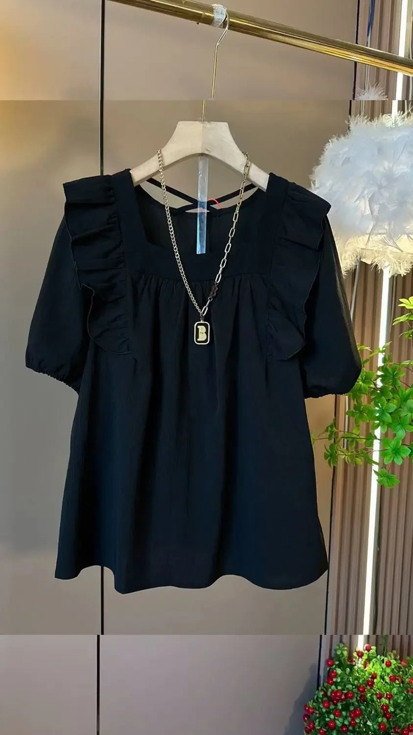 Summer Casual V-neck Back Cross Strap Fly Sleeve Elastic Shoulder Loose Fit Small Shirt Versatile Simple Top for Plump Sister