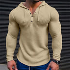Spring Solid Color Slim Fit Long Sleeved T-shirt, Men's Hooded Breathable Sports Top, Waffle Cotton Casual Long Sleeved Shirt