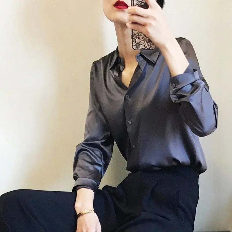 Comfortable Turn-down Collar All Seasons Women's Clothing 2023 Chiffon Trend All-match Korean Solid Color Long Sleeved Blouses