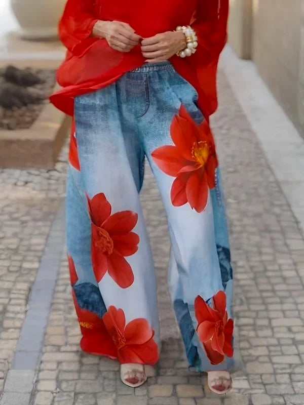 Krisstargirl Women Flower Printed Loose Trousers 2025 Spring Summer Trendy High Waist Not Denim Long Pants Bottoms for Woman