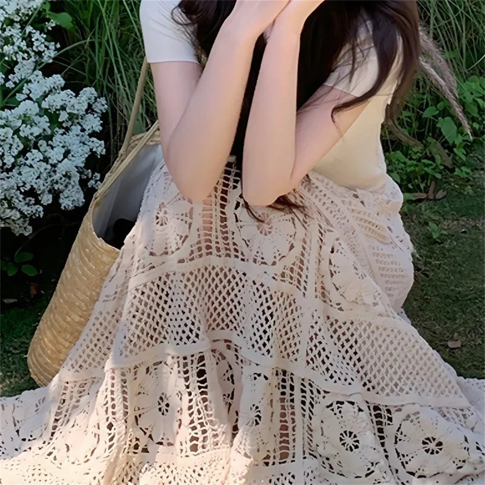 Mid Long Skirt Vintage Women Knitted Skirt 2025 Spring Summer High Waist Holllow Out Crocret Floral Pleated Skirts Lace Elegant