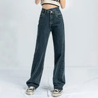 Design Sensibility High-Waisted Slimming Jeans Loose-Fit Straight-Leg Women's Korean Style Tie-Detail Wide-Leg Casual Trousers