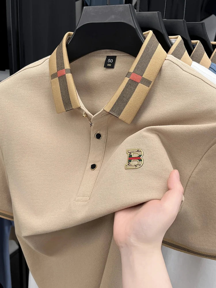 Summer new men's solid color casual fashion short sleeved polo shirt, summer comfortable business casual top