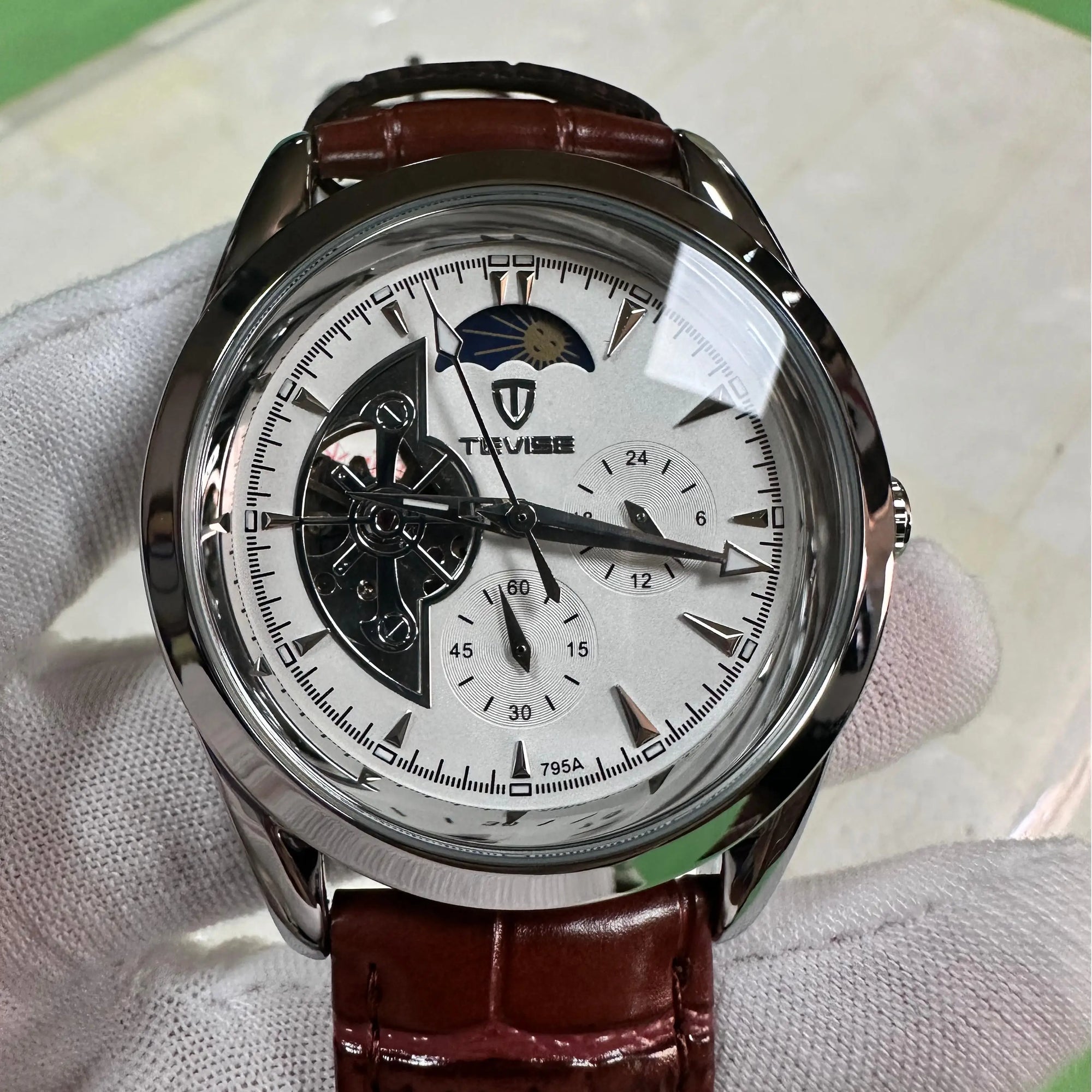 TEVISE Fashion Automatic Mechanical Watch for Men Leather Strap Skeleton Watch Luminous Casual Business Watch Gift