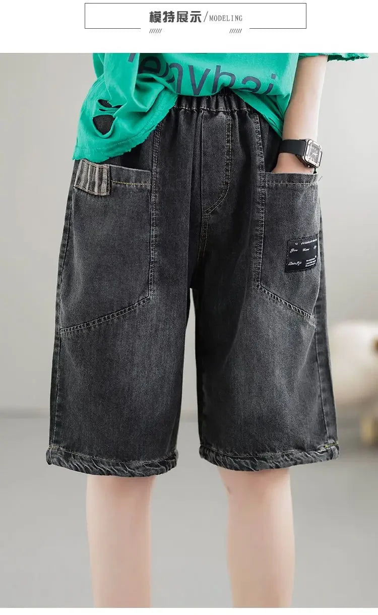 Vintage Jeans Shorts Women Summer Floral Embroidery Elastic High Waist Denim Shorts Design Wide Leg Trousers Blue Black Shorts