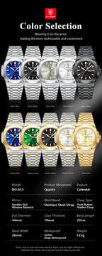 POEDAGAR Trendy Casual Wristwatch For Men Week Date Stainless Steel Man Watch Luminous Waterproof Luxury Quartz Men Watches+Box