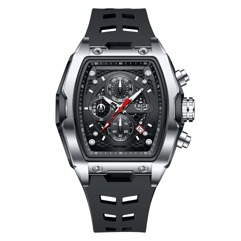 LIGE Quartz Mens Watches Fashion Business Military Wrist Watch For Men Silicone Sport Waterproof Chronograph Square Watch Men
