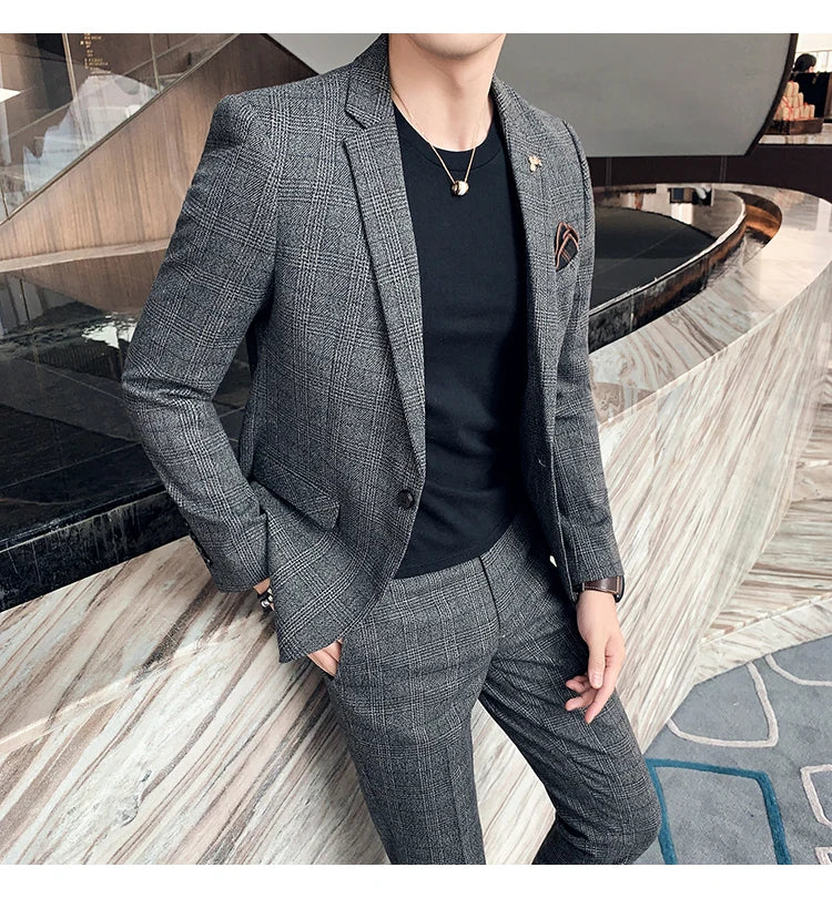 Men Luxury Slim Fit Check Suits Men Boutique Business Casual Formal Suits Sets Blazers+Pants Wedding Social Tuxedo Dress Homme