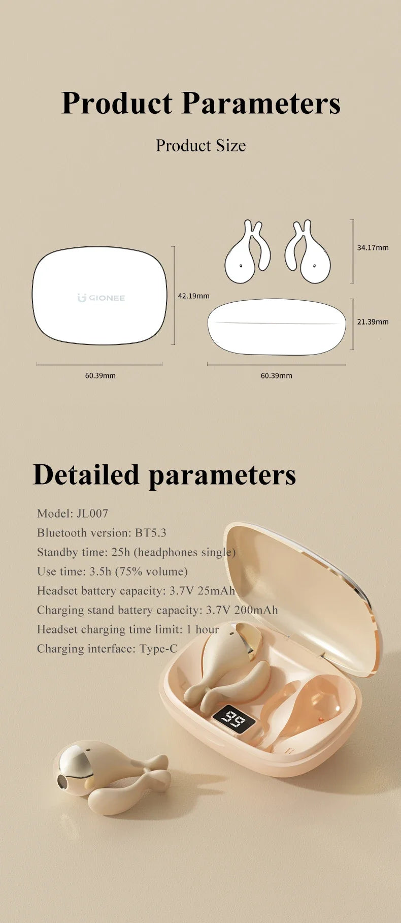 Gionee JL007 Ear Clip Equalize Earphones Wireless Bluetooth Earbuds ENC Noise Reduction Headphones with Mic Smart Equalizer App
