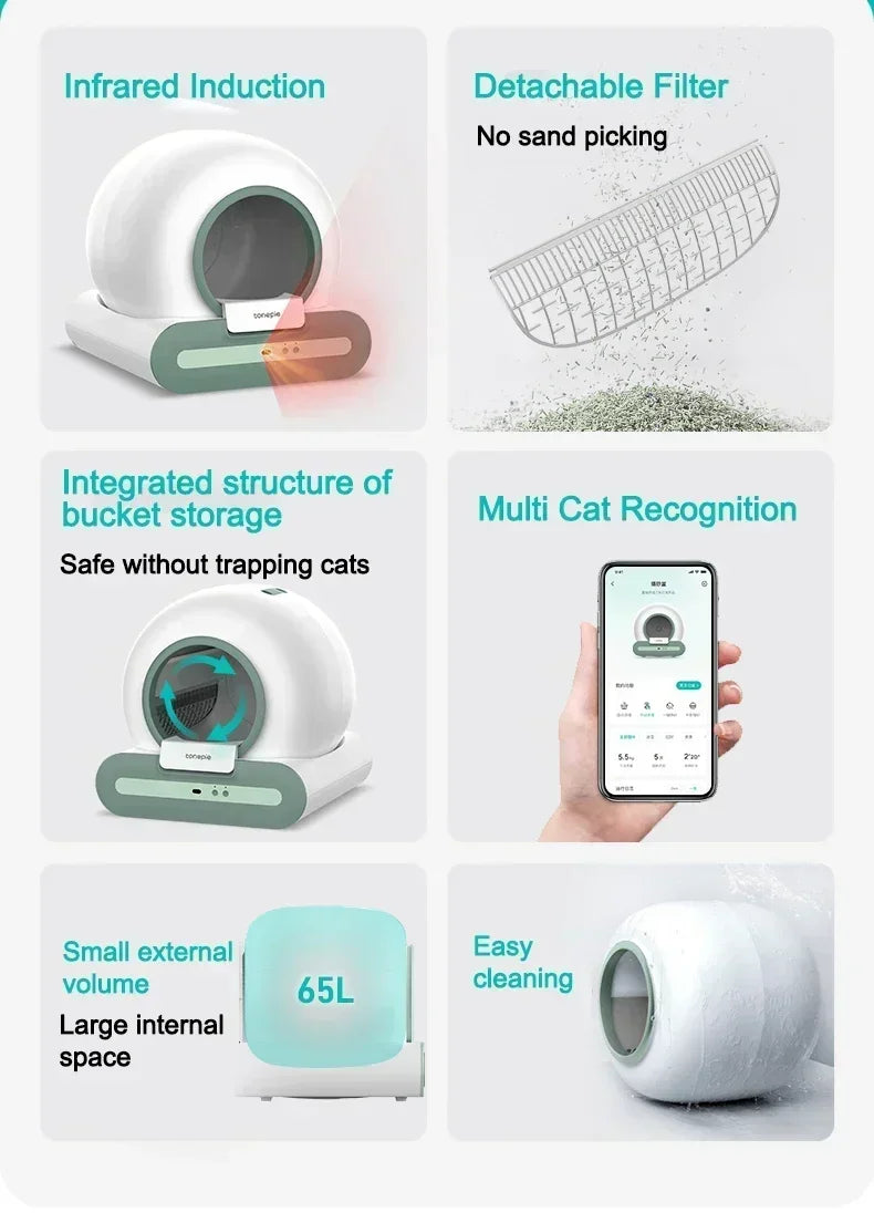 Tonepie Automatic Cat Litter Box Self-Cleaning APP Control 65L Smart Cat Toilet Electric Ion Deodorizati Detachable Tonepie Ti+