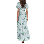 Women V-neck Ruffle Short Sleeve Maxi Dress Waist Tight High-waist Hem Sweet Floral Print Elegant Dress Female Clothing Vestidos