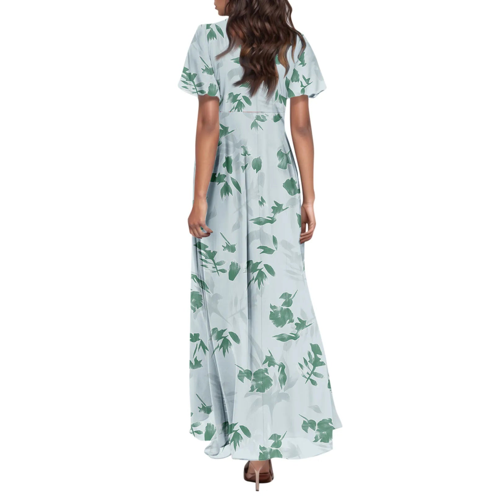 Women V-neck Ruffle Short Sleeve Maxi Dress Waist Tight High-waist Hem Sweet Floral Print Elegant Dress Female Clothing Vestidos
