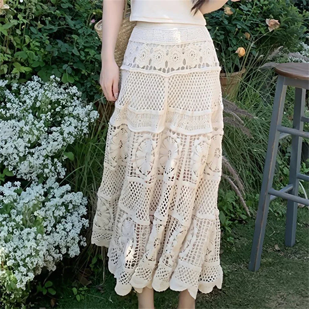 Mid Long Skirt Vintage Women Knitted Skirt 2025 Spring Summer High Waist Holllow Out Crocret Floral Pleated Skirts Lace Elegant