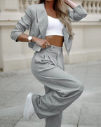 Women's Commuter Set 2024 Women's Clothing Style Tailored Collar Casual Stripe Short Collar Suit Coat Straight Leg Pants Set