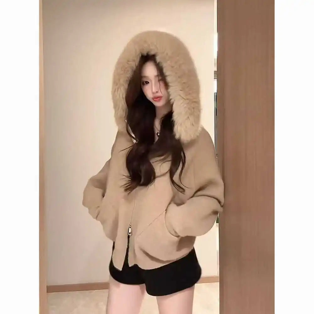 Cardigan Womens Y2k Spring Autumn Loose Hooded Knitted Coat Pure Color Casual Coats Offce Lady Streetwear Winter Clothing