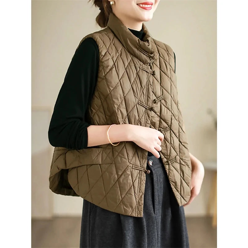 2024 New Autumn Winter Parkas Women Puffer Vest Loose Cropped Stand Collar Sleeveless Vest Jackets Down Cotton Padded Waistcoat