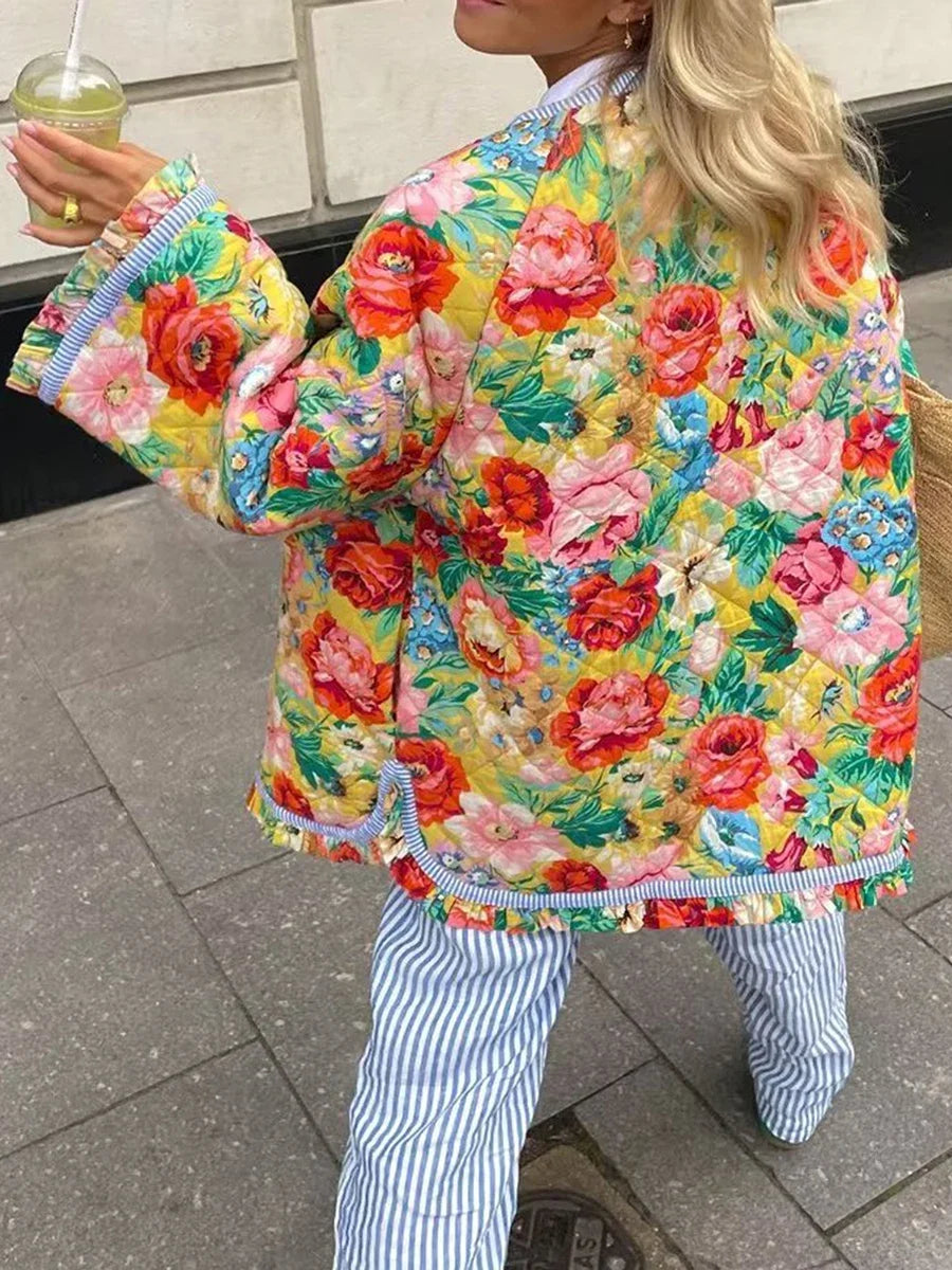 Women Fall Winter Loose Quilted Jacket Floral Print Button Down Long Sleeve Padded Coat Warm Outwear