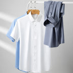 2023 Summer Short Sleeve High Density Silky Material Solid  Elastic Business Men Dress Shirts No Pocket Stretch Clothes