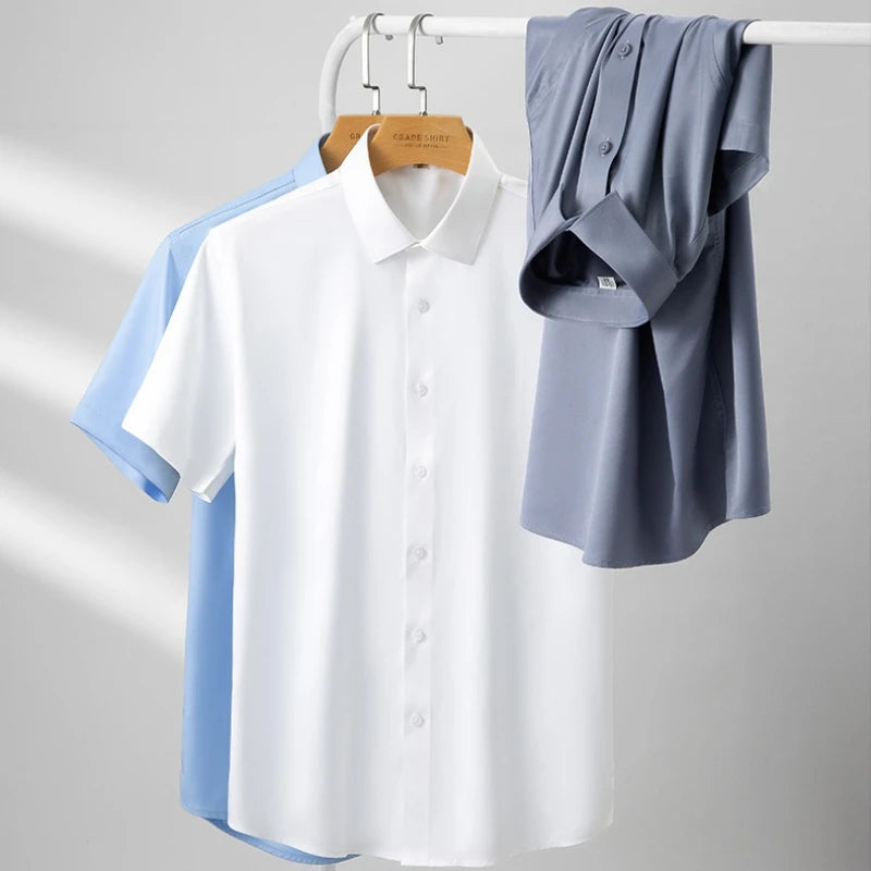 2023 Summer Short Sleeve High Density Silky Material Solid  Elastic Business Men Dress Shirts No Pocket Stretch Clothes