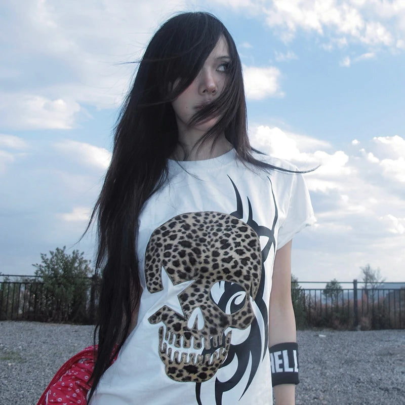 Karrcat Trashy Y2k Skull Print T-shirt Grunge Aesthetics Short Sleeve Tee Shirt Vintage 2000s Style Streetwear Gothic Punk 90s