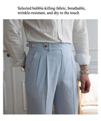 High-end Striped Men's Suit Pants Spring Summer Thin Italian Straight Casual Trousers Blue Paris Buckle Business Trousers