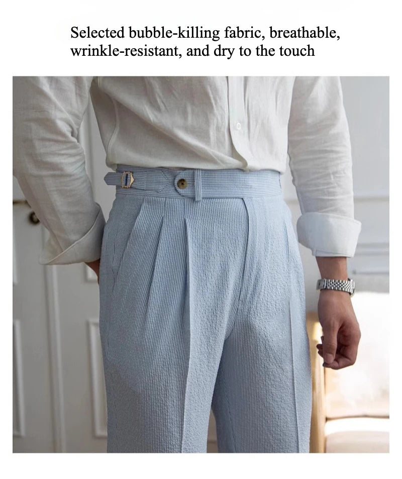 High-end Striped Men's Suit Pants Spring Summer Thin Italian Straight Casual Trousers Blue Paris Buckle Business Trousers