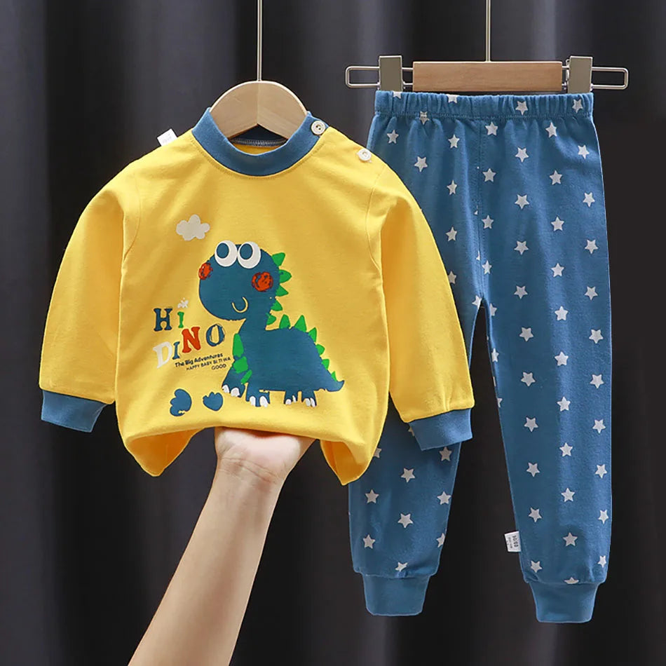 Spring Autumn Sleepwear Kids Comfort Cotton Pajamas Set Durable and Soft Unisex Cartoon Dinosaur for Boy Girl Children Clothes