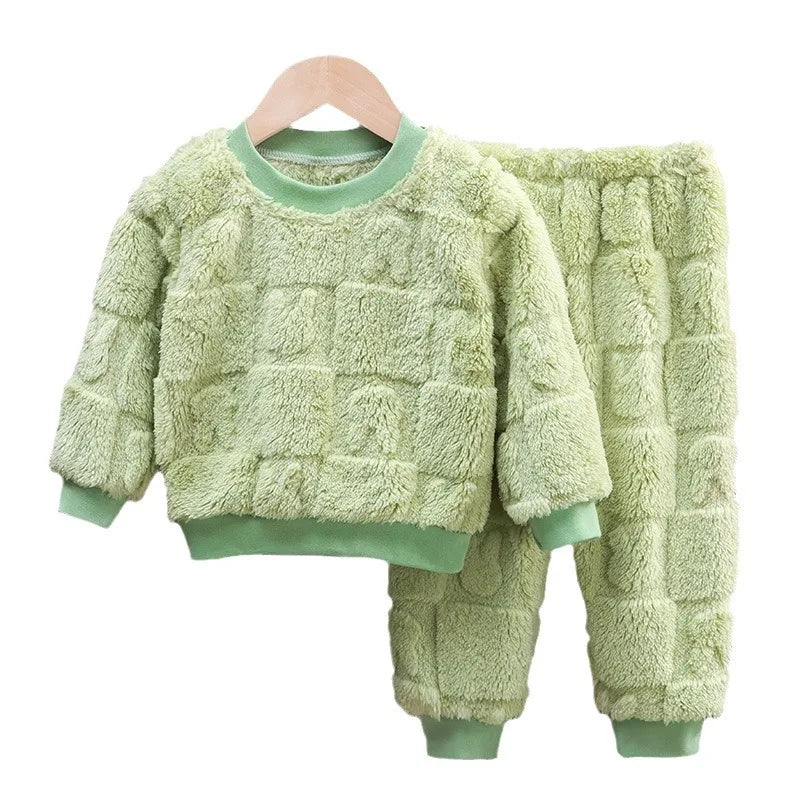 New Autumn and Winter Flange Pajamas Suits Children's Long Sleeve Top+Trousers Sets Plus Velvet Thick Home Wear 1-6 Years Old