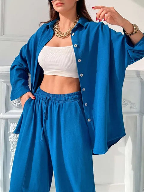 Casual Solid Women Set Tracksuit Women Long Sleeve Single-breasted Shirt and Harem Pants Two Piece Sets Female Fashion Outfits