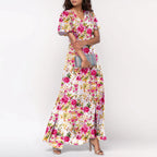 Women V-neck Ruffle Short Sleeve Maxi Dress Waist Tight High-waist Hem Sweet Floral Print Elegant Dress Female Clothing Vestidos