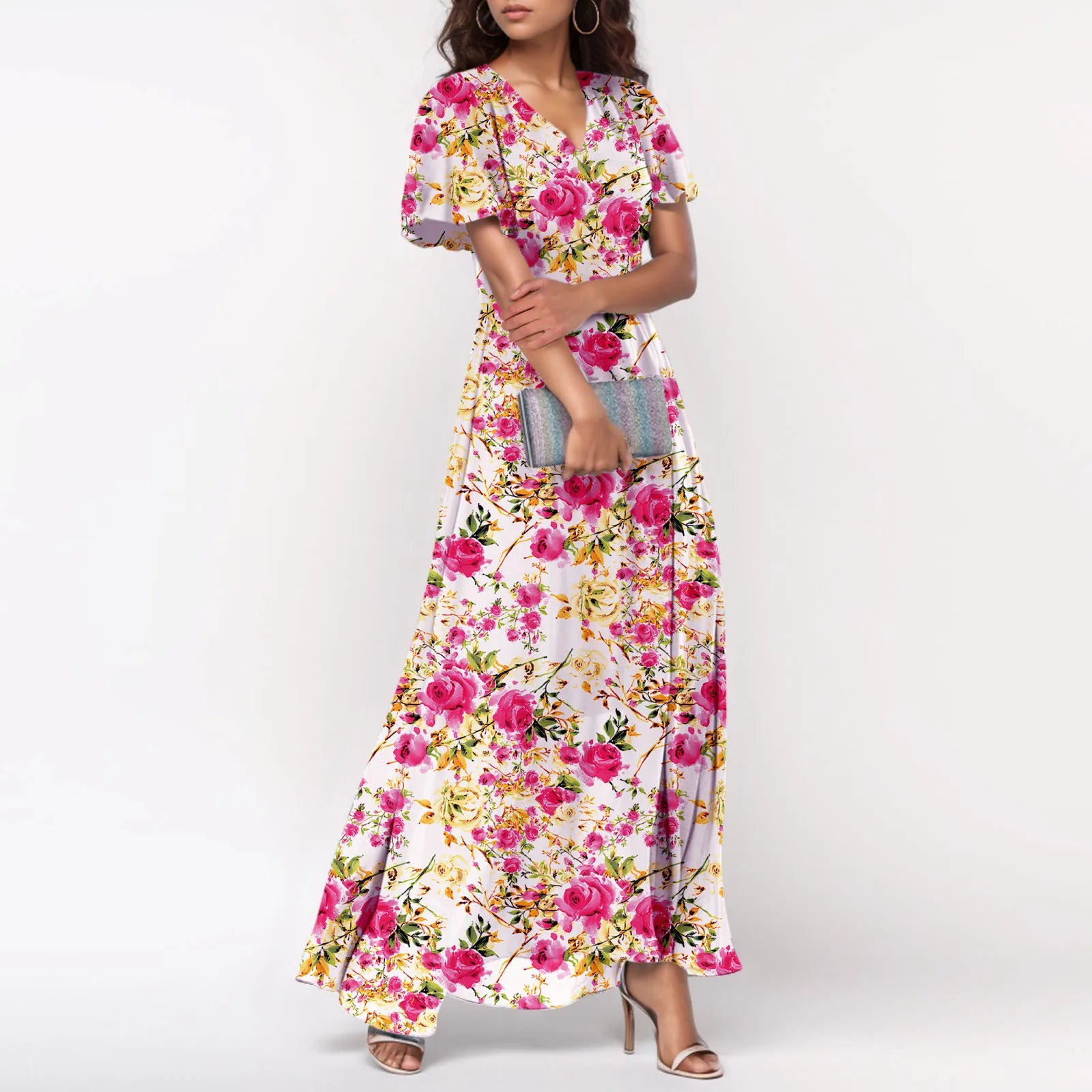 Women V-neck Ruffle Short Sleeve Maxi Dress Waist Tight High-waist Hem Sweet Floral Print Elegant Dress Female Clothing Vestidos