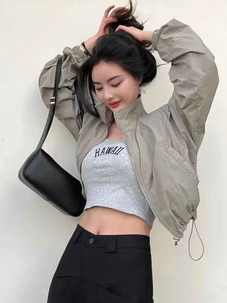 Autumn Vintage Women's Windbreaker Cropped Jackets Harajuku Oversized Streetwear Long Sleeve Casual Fashion Female Elegant Top